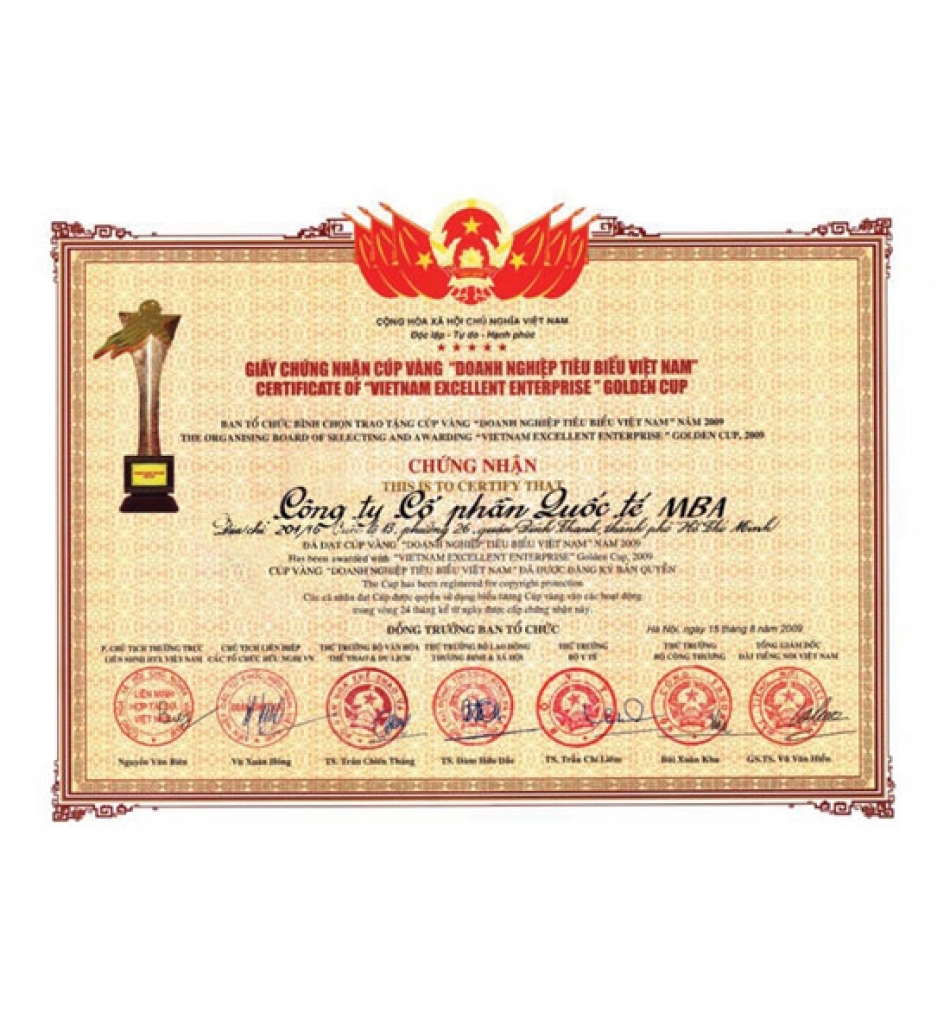 BẰNG KHEN DOANH NGHIỆP TIÊU BIỂU